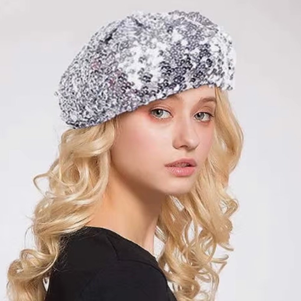 Silver - Shiny Sequin Beret Hat for Women&Girls